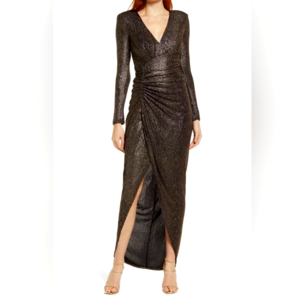 VINCE CAMUTO Metallic Snake Print Long Sleeve V-Neck Formal Dress